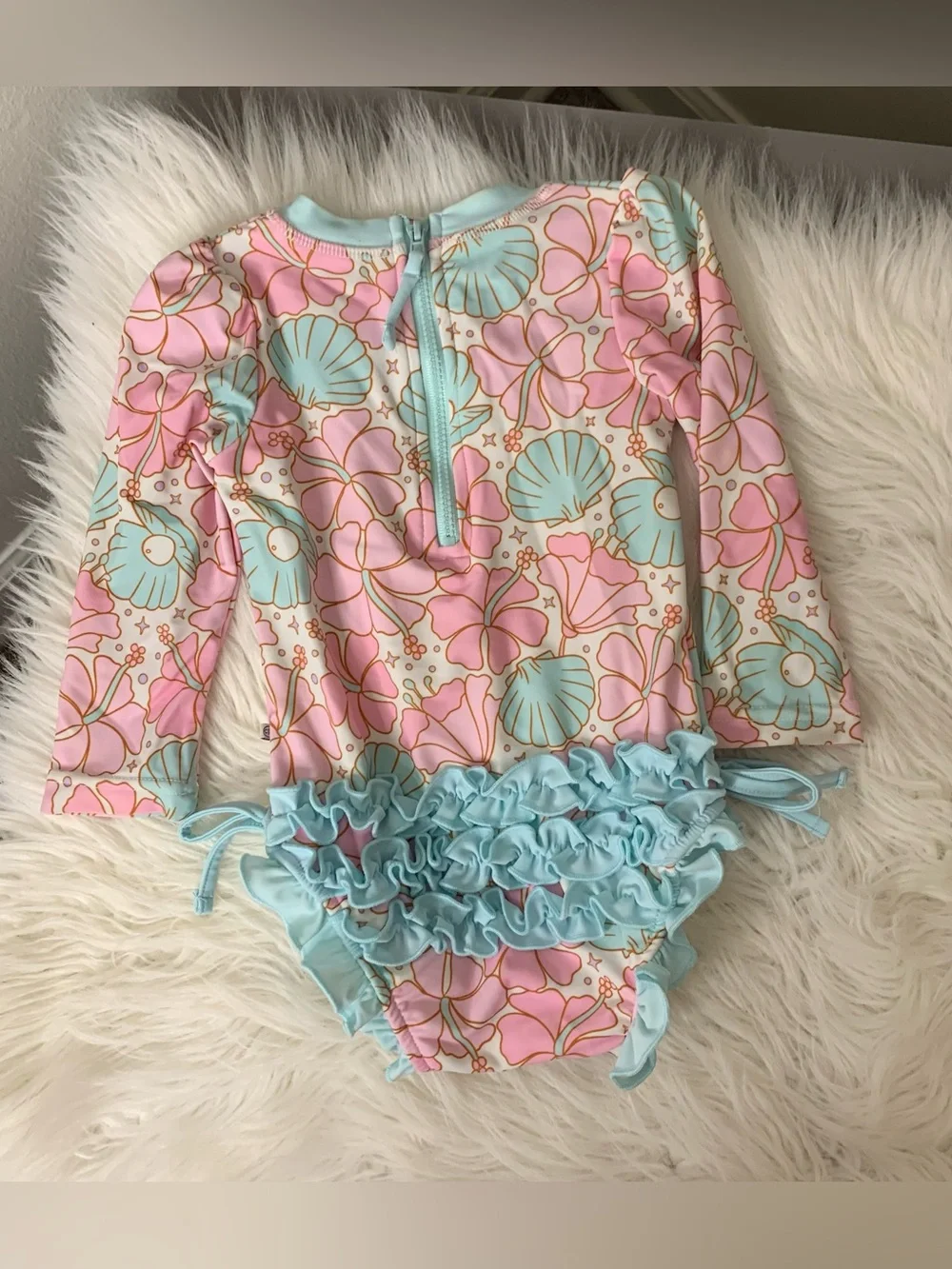 Caden Lane Kids One-Piece Swimsuit in Pink & Aqua Hibiscus Print 6-12M